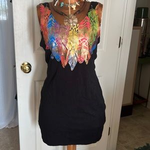 Fitted Jersey black dress with feathers around neckline. Like new.
